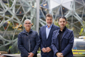 Amazon Project Kuiper and Vrio execs outside Seattle Spheres